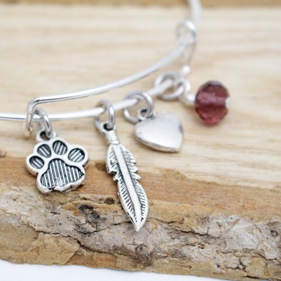 Paw Print, Feather & Heart Adjustable Charm Bangle - Handcrafted Hypoall… - Picture 1 of 4